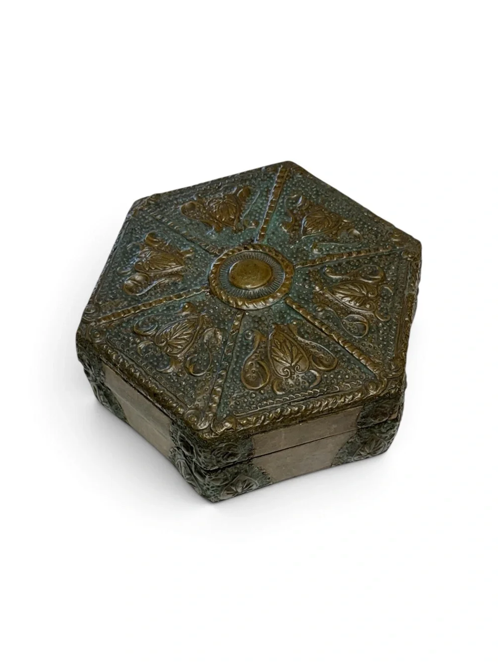 Antique Brass & Wood Ornate Hexagonal Decorative Trinket Box from Czech Republic